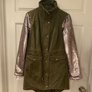 New York & Company Olive-Green Anorak With Sequined Sleeves